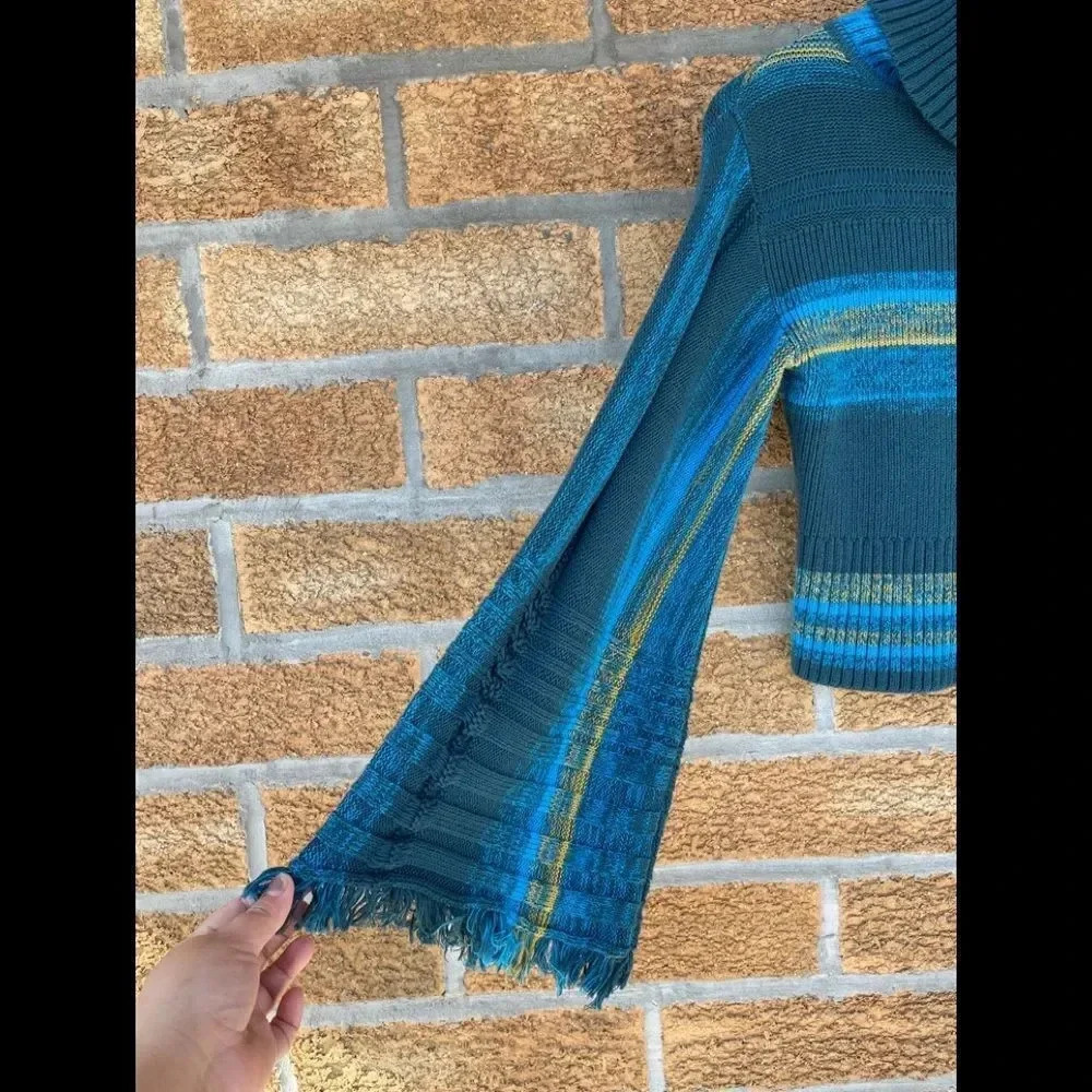 Free People Knit Striped Long Flared-Sleeve Turtleneck Sweater Blue XS - Picture 3 of 8